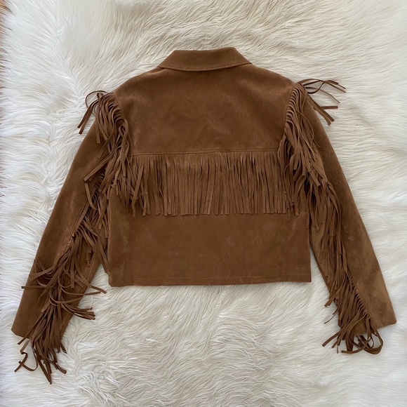 Rylee + Cru Tan Cropped Button Front Faux Suede Fringe Jacket Rust 12-14Y - Picture 6 of 9